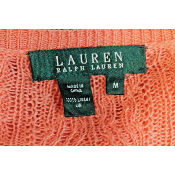 Lauren Ralph Lauren Sweater Womens size M Orange 100% Linen V-Neck Cable Knit - Picture 5 of 6